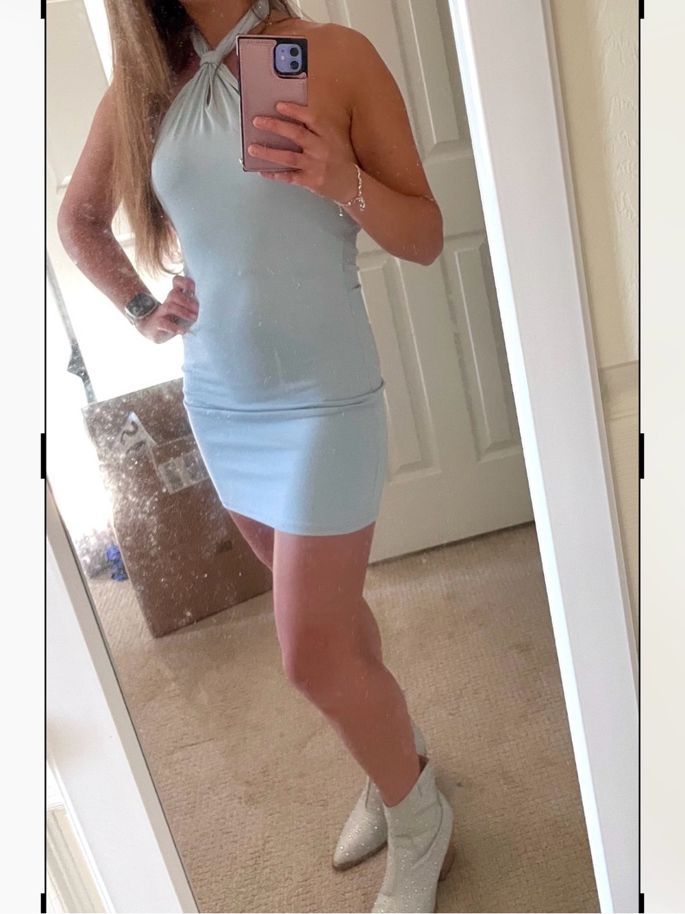 Sage The Label Light Blue Halter Mini Body-con Dress